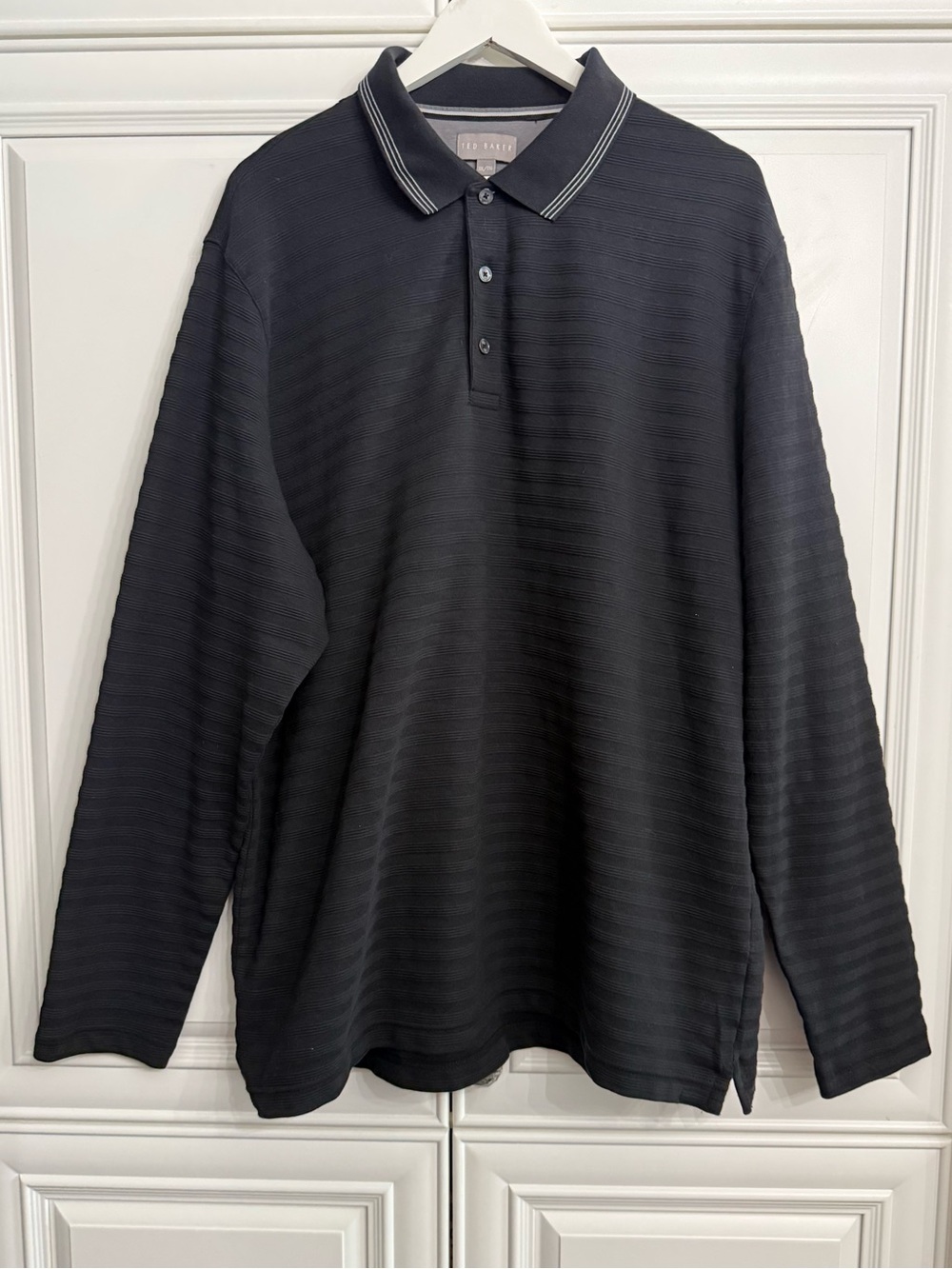 Ted Baker Men's Black Textured Striped Long Sleeve Polo Shirt Career Size XXL